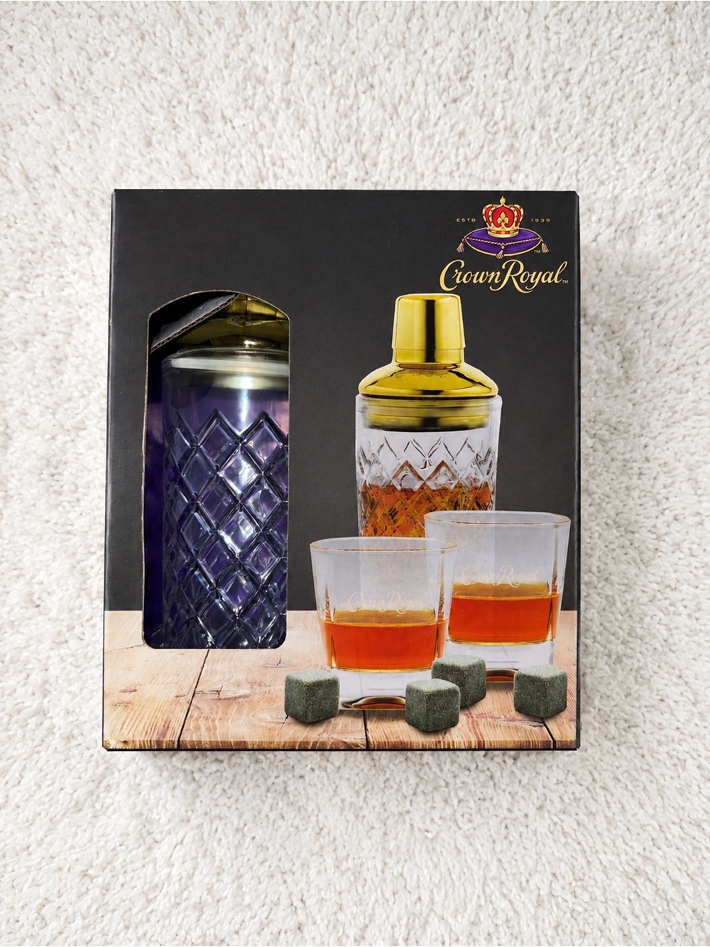 Crown Royal Cocktail Shaker Set Diamond Glass &  Stones